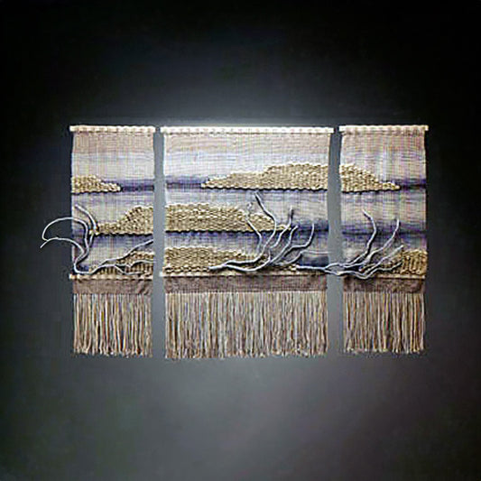 Blue Wall tapestry, Art gallery in Wisconsin, Fish Creek Art Gallery, wall tapestries, custom made fiber art, boho chic decor in wisconsin, door county artist, Wendy Carpenter